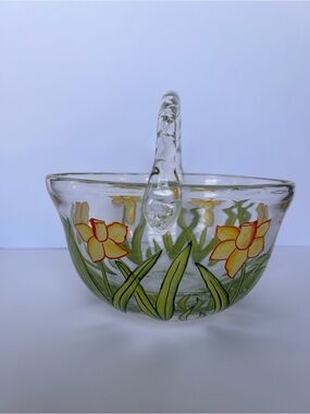 Vintage Glass Daffodil Flower Basket Hand Painted Floral Home Decor